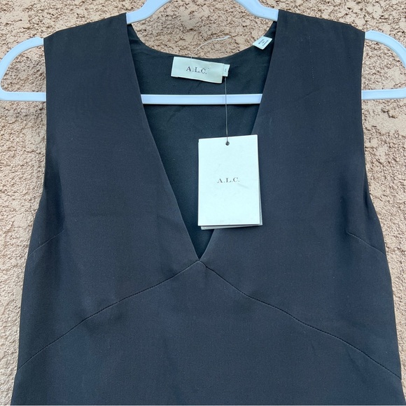 NWT ALC 100% Silk Deep V-Neck Mini Shift Women's Dress‎ 2 Black Orange Luxe Chic - Picture 2 of 11